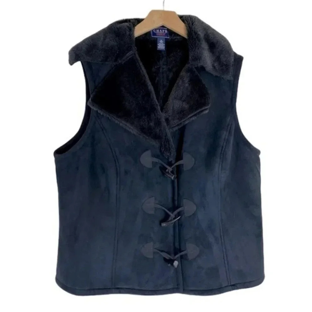 Chaps 1X black faux suede &‎ fur vest  toggle buttons Outlander Lagenlook